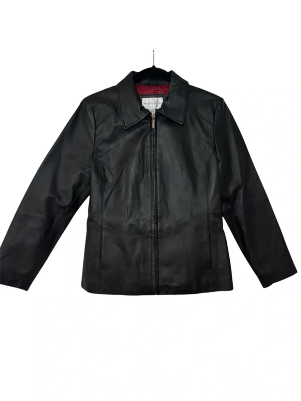 Worthington Women’s Black Genuine Leather Zip Jacket Red Lining Petite Medium
